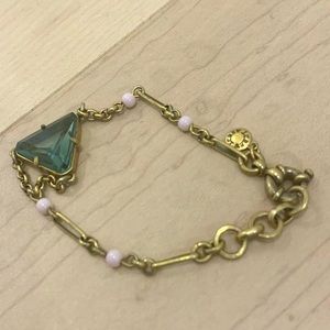 J. Crew Antique Gold Chain Bracelet with Forest Green Crystal and Pink Beads
